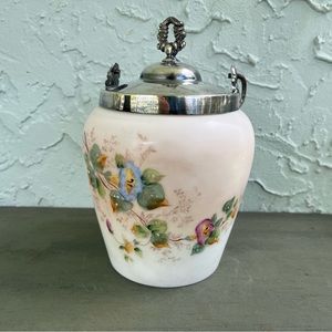Victorian Milkglass Handpainted/Silver-Plate Handled Lidded Biscuit Jar